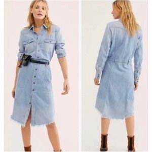 Free People Light Wash Denim Linen Blend Western Button Front Midi Dress Medium